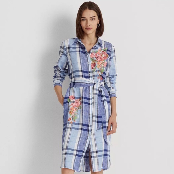 New Ralph Lauren Floral & Plaid Lightweight Linen Button Down Shirtdress Midi - Picture 10 of 15